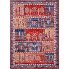 Efta Halı Özbek ZB04 Bordo Lacivert Patchwork Desenli Vintage Otantik Saçaklı Salon Halısı