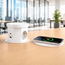 Die Grup Beyaz Pop Up Gömme Masa Prizi Usb'li ve Kablosuz Şarjlı Masaüstü Ofis Prizi
