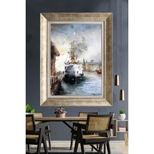 Giyense Tablo Sulu Boya Istanbul Liman ve Vapur Çerçeveli Tablo Şehir Manzarası Modern Duvar Dekoru Salon ve Ofis Tablosu