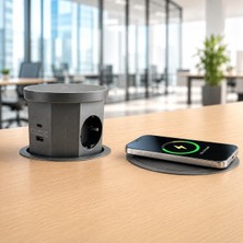 Die Grup Gri Pop Up Gömme Masa Prizi Usb'li ve Kablosuz Şarjlı Masaüstü Ofis Prizi