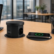 Die Grup Siyah Pop Up Gömme Masa Prizi Usb'li ve Kablosuz Şarjlı Masaüstü Ofis Prizi