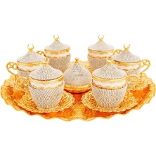 Die Grup Türk Kahvesi Fincan Seti, Kristal Lokumluk, 6'li Espresso Fincan ve Tabak Takımı (Gold Beyaz)