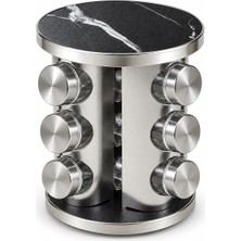 Die Grup Metal Döner Standlı 12'li Cam Baharatlık Seti, Kapaklı Baharat Kavanozları, 22 cm Yükseklik, 19 cm Çap, Siyah Mermer Desenli