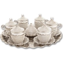 Die Grup Türk Kahvesi Fincan Seti, Kristal Lokumluk, 6'li Espresso Fincan ve Tabak Takımı (Gümüş Beyaz)
