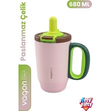 Die Grup 680 ml Tek Kapak Çift Kullanım Pipetli Rahat Içim Kulplu Paslanmaz Çelik Termos Mug FFVGN1113-680ML Pembe