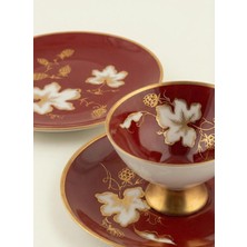Die Grup Porselen Çay Fincanı Seti, Bordo Renk, Altın Yaldızlı, Çiçek Desenli, 3 Parça, Fincan 10CM, Tabak 15CM ve 19CM