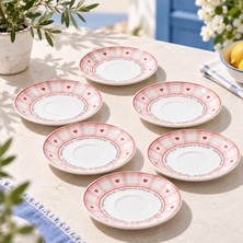 Die Grup 6'li Porselen Çay Tabağı Seti, Pembe Ekose Kalp Desenli
