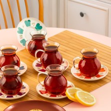 Die Grup 17901 Beyoğlu 12 Parça 6 Kişilik Çay Seti – 210 ml Borosilikat Cam Kulplu Tombik Bardak ve Porselen Çay Tabağı Takımı