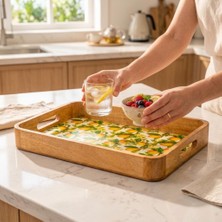 Die Grup Mango Ağacı Dikdörtgen Servis Tepsisi, 40 x 28 x 4,70 cm Limon Desenli Ahşap Sunum Tepsisi, Yüksek Kenarlı Kahvaltı, Çay, Içecek ve Atıştırmalık Tepsisi
