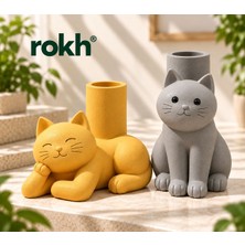 🐱 Rokh® 2’li Dekoratif Kedi Saksı Seti | 20 cm | Sevimli Kedi Figürlü Çiçeklik | Modern Ev ve Ofis Dekorasyonu | Hediyelik Obje