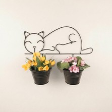 Die Grup Kedi Figürlü Duvar Saksılığı - Metal Askılı Ikili Saksı ve Çiçeklik (Siyah)
