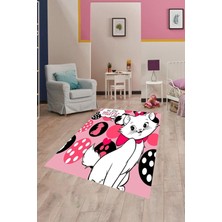 Die Grup Pelangi Kedi Desenli Dijital Baskı Yıkanabilir Kaymaz Taban Çocuk Odası Halısı, Pembe-Siyah 40 x 40
