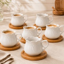 Die Grup 6 Kişilik 12 Parça Porselen Fincan Takımı, 250 ml Dalga Kenarlı Beyaz Kahve ve Çay Fincanı, Bambu Altlıklı Set