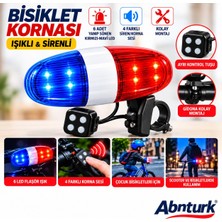 Abnturk Sirenli  Polis Işıklı Pille Çalışan Bisiklet Kornası-4 Sesli 6  Adet Yanıp Sönen Kırmızı Mavi Ledli Uyarı Işıklı Bisiklet Scooter Kornası