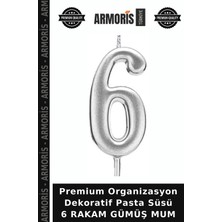 Armoris Premium Organizasyon Dekoratif Pasta Süsü 6 Rakam Gümüş Mum