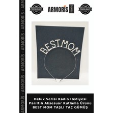 Armoris Delux Serisi Kadın Hediyesi Parıltılı Aksesuar Kutlama Ürünü Best Mom Taşlı Taç Gümüş