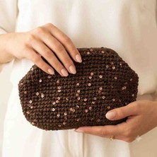 Hobicium Kahverengi Astarlı Pullu Örgü El Portföy Çantası - El Yapımı Abiye Clutch & Günlük Çanta 29X18 cm