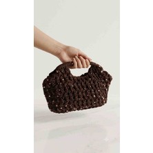 Hobicium El Yapımı Astarlı Soft Rafya Ip Örgü Portföy Çantası Pullu Ekstra Yumuşak Kahverengi Clutch El Çantası