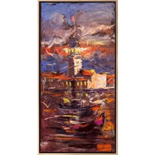 Simurg Sanatevi Kız Kulesi ve Tekneler Yağlı Boya Tablosu - Tuval Üzerine El Yapımı - 40 x 80 cm