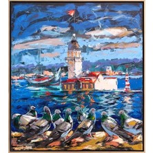 Simurg Sanatevi Kulenin Kuşlarla Dansı Yağlı Boya Tablosu - Tuval Üzerine El Yapımı - 120 x 135 cm