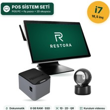 Restora Dokunmatik POS Bilgisayar Barkod Sistemi Donanım Seti 18,5 İnç Intel Core i7 80 mm Fiş Yazıcı ve 2D Barkod Okuyucu