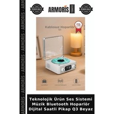 Armoris Teknolojik Ürün Ses Sistemi Müzik Bluetooth Hoparlör Dijital Saatli Pikap Q3 Beyaz