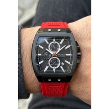 Ferrucci Sportif ve Modern Erkek Kol Saati | 42 mm Siyah Çelik Kasa, Kırmızı Silikon Kordon