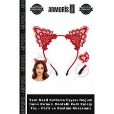 Armoris Yeni Nesil Kutlama Eşyası Doğum Günü Kırmızı Dantelli Kedi Kulağı Taç – Parti ve Kostüm Aksesuarı