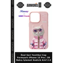 Armoris Özel Seri Yenilikçi Cep Fermuarlı iPhone 15 Pro | 3D Nakış Işlemeli Kedicik Kılıf 2.0