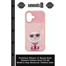 Armoris Premium iPhone 17 Beyaz Kedi Desenli Silikon Kılıf 2.0 3D Modern Kap Aksesuar Telefon Kabı