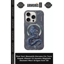 Armoris Özel Seri Manyetik Koruma Çin Tarzı Kapak iPhone 15 Uyumlu Magsafe Destekli Mavi Dragon Kılıf 3D