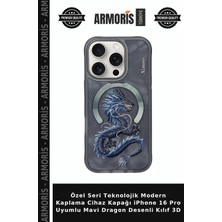Armoris Özel Seri Teknolojik Modern Kaplama Cihaz Kapağı iPhone 16 Pro Uyumlu Mavi Dragon Desenli Kılıf 3D
