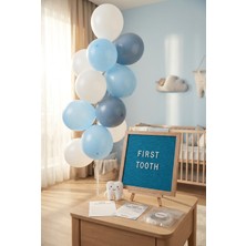 Partixa Diş Buğdayı Erkek Bebek Süsleme Mini Set Mavi Keçe Yazı Panosu Standlı Balon Zincirli Ilk Dişim Parti Malzemeleri