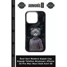 Armoris Özel Seri Modern Kapak Cep Kapağı Telefon Aksesuarı iPhone 16 Pro Max Mavi Kedi Kılıf 3D