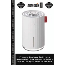Armoris Premium Kablosuz Şarjlı Hava Nemlendirici Oda Kokusu Difüzörü - 280 ml LED Işıklı HF02 Ev USB Ofis