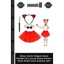 Armoris Delux Serisi Doğum Günü Kombin Kız Çocuk Giyim Kırmızı Renk Etekli Kedi Kostüm Seti