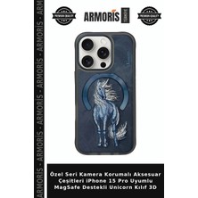 Armoris Özel Seri Kamera Korumalı Aksesuar Çeşitleri iPhone 15 Pro Uyumlu Magsafe Destekli Unicorn Kılıf 3D
