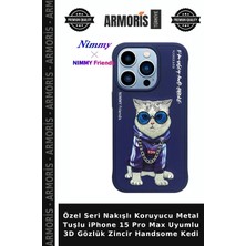 Armoris Özel Seri Nakışlı Koruyucu Metal Tuşlu iPhone 15 Pro Max Uyumlu 3D Gözlük Zincir Handsome Kedi