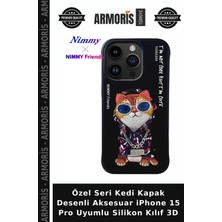Armoris Özel Seri Kedi Kapak Desenli Aksesuar iPhone 15 Pro Uyumlu Silikon Kılıf 3D