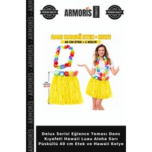 Armoris Delux Serisi Eğlence Teması Dans Kıyafeti Hawaii Luau Aloha Sarı Püsküllü 40 cm Etek ve Hawaii Kolye