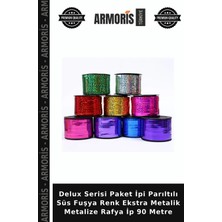 Armoris Delux Serisi Paket Ipi Parıltılı Süs Fuşya Renk Ekstra Metalik Metalize Rafya Ip 90 Metre