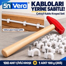 5N Vera 100 Adet Çivili Kablo Kroşesi + 100 G Ahşap Saplı Çekiç Seti – Beyaz Kablo Sabitleme Klipsi, Internet Telefon Anten Kablosu Düzenleme Aparatı