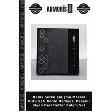 Armoris Delux Serisi Çalışma Masası Kutu Seti Kadın Hediyesi Desenli Siyah Deri Defter Kalem Set