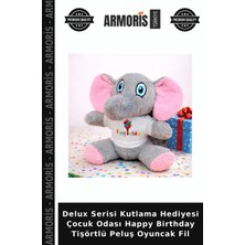 Armoris Delux Serisi Kutlama Hediyesi Çocuk Odası Happy Birthday Tişörtlü Peluş Oyuncak Fil