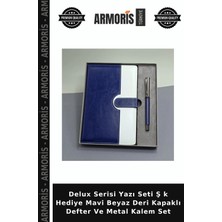 Armoris Delux Serisi Yazı Seti Ş K Hediye Mavi Beyaz Deri Kapaklı Defter ve Metal Kalem Set