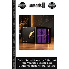 Armoris Delux Serisi Masa Üstü Hatırat Mor Yaprak Desenli Deri Defter ve Roller Metal Kalem