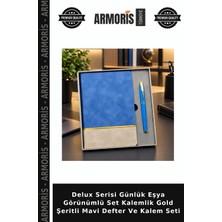 Armoris Delux Serisi Günlük Eşya Görünümlü Set Kalemlik Gold Şeritli Mavi Defter ve Kalem Seti