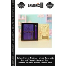 Armoris Delux Serisi Notluk Hatıra Toplantı Gereci Yaprak Desenli Deri Defter ve Mor Metal Kalem Seti