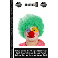 Armoris Delux Serisi Parti Eğlencesi Yeşil Renk Kıvırcık Afro Bonus Peruk Takma Saç ve Kırmızı Burun Seti