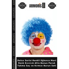 Armoris Delux Serisi Renkli Eğlence Mavi Renk Kıvırcık Afro Bonus Peruk Takma Saç ve Kırmızı Burun Seti